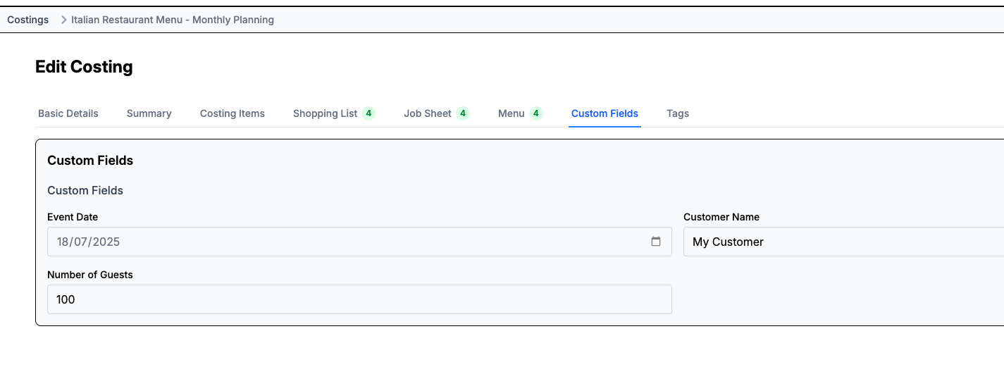 MenuM8 custom fields for costing event metadata such as date, customer and guest count
