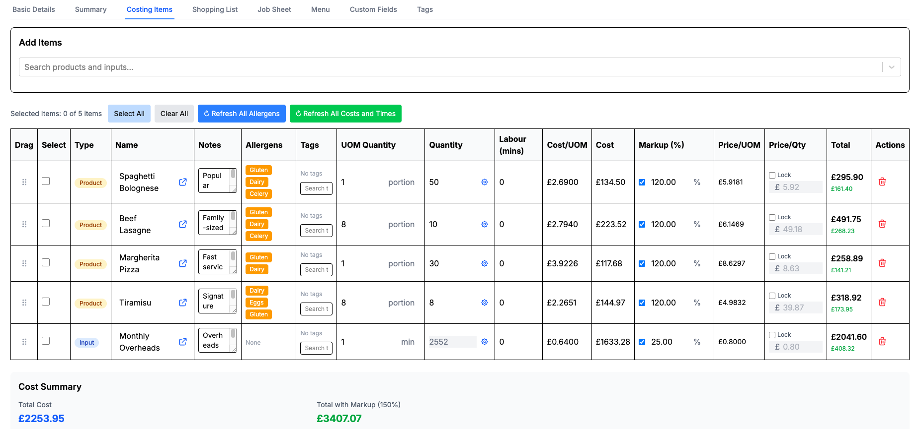MenuM8 costing items table showing quantities, costs, markups, labour and cost summary