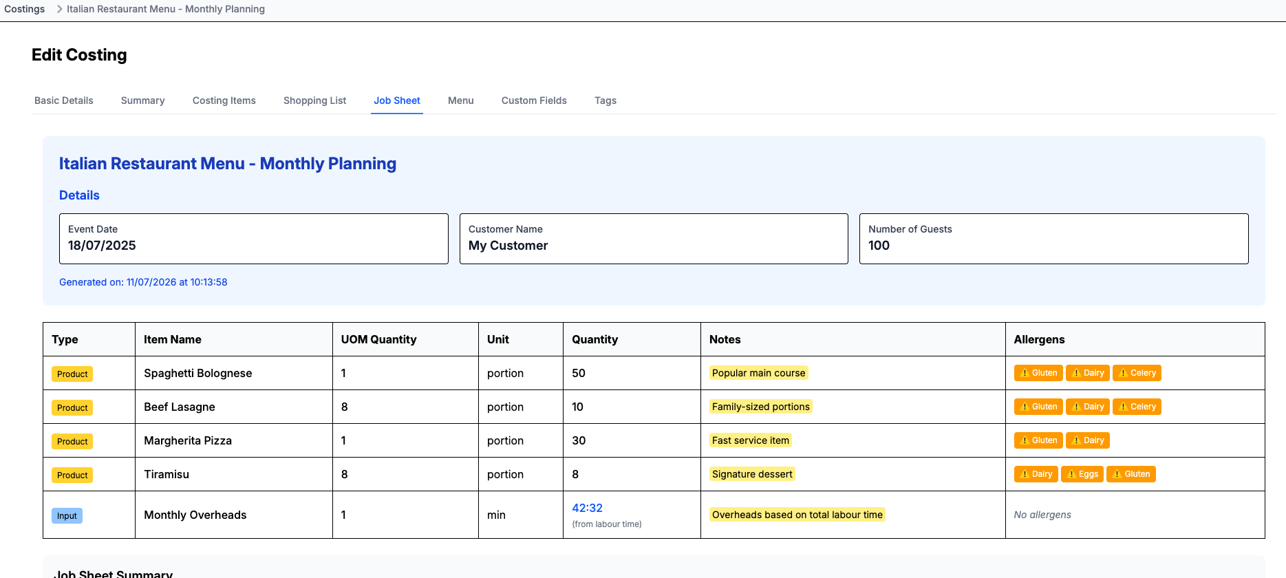 MenuM8 generated job sheet showing event details, quantities, notes and allergens