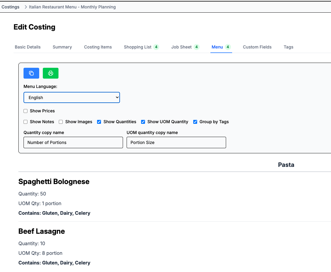 MenuM8 menu generator controls and preview grouped by menu sections