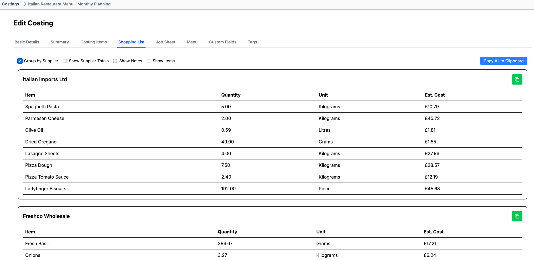 MenuM8 generated shopping list grouped by supplier for selected costing items