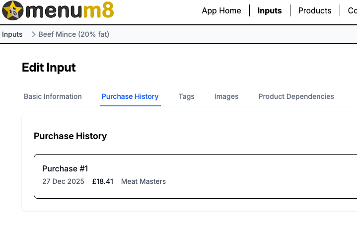 MenuM8 input purchase history showing a recorded purchase price and supplier