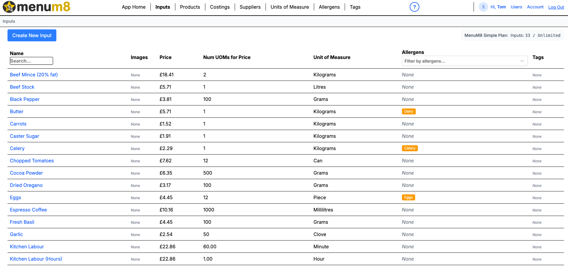 MenuM8 inputs list showing ingredient tags, allergen filters and Simple plan usage