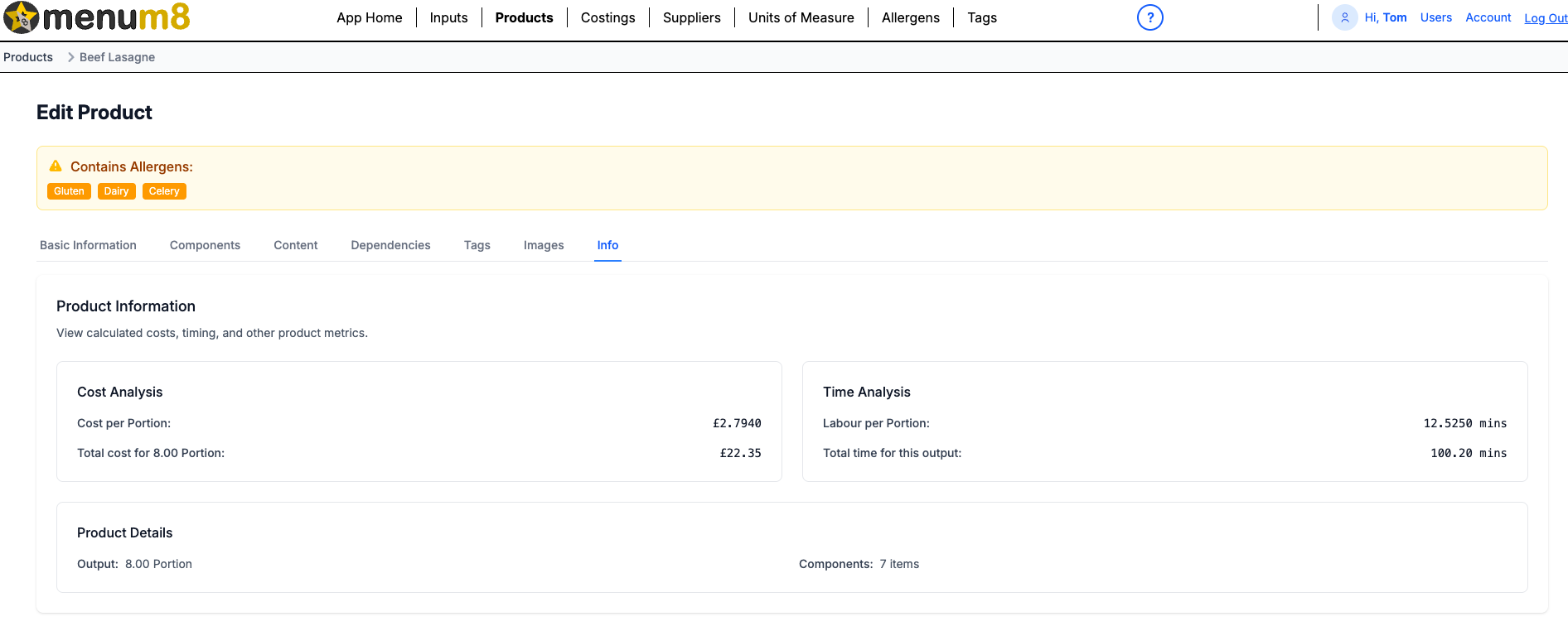 MenuM8 product info tab showing cost analysis, time analysis and product details