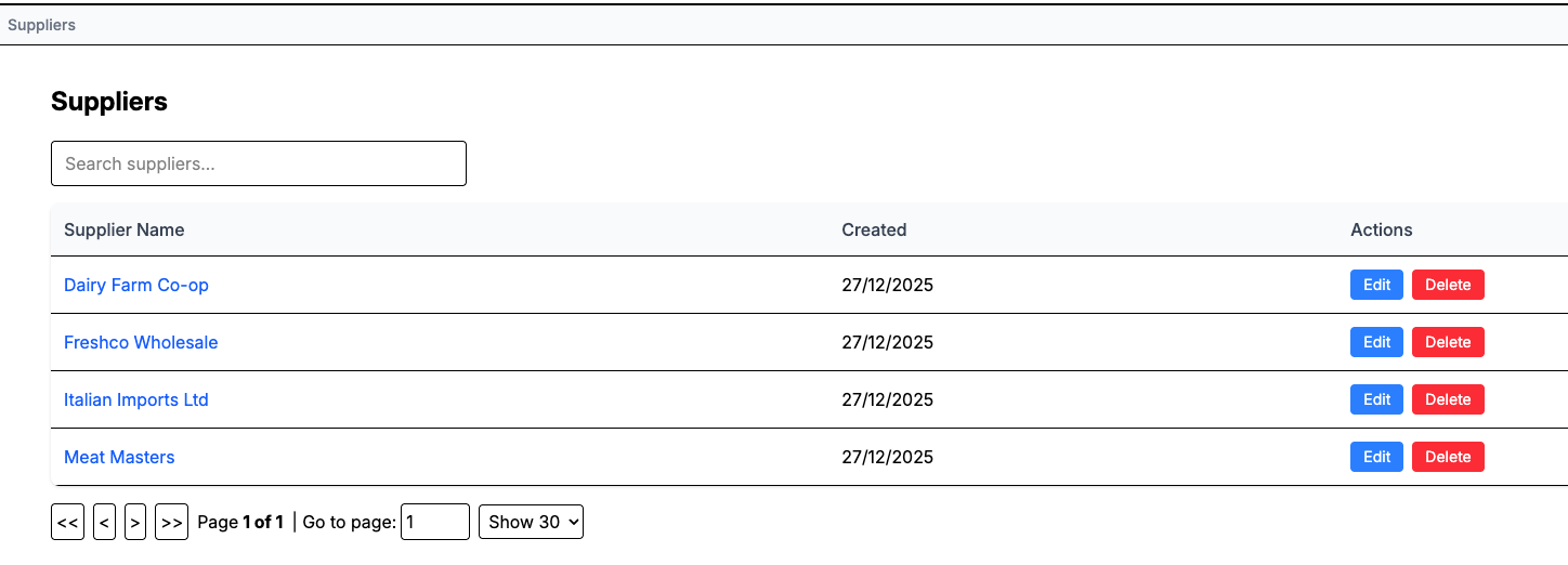 MenuM8 suppliers list with supplier names, creation dates and edit actions
