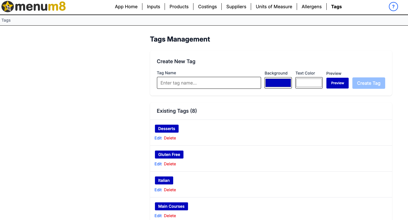 MenuM8 tag management screen with tag colours, previews and existing tags